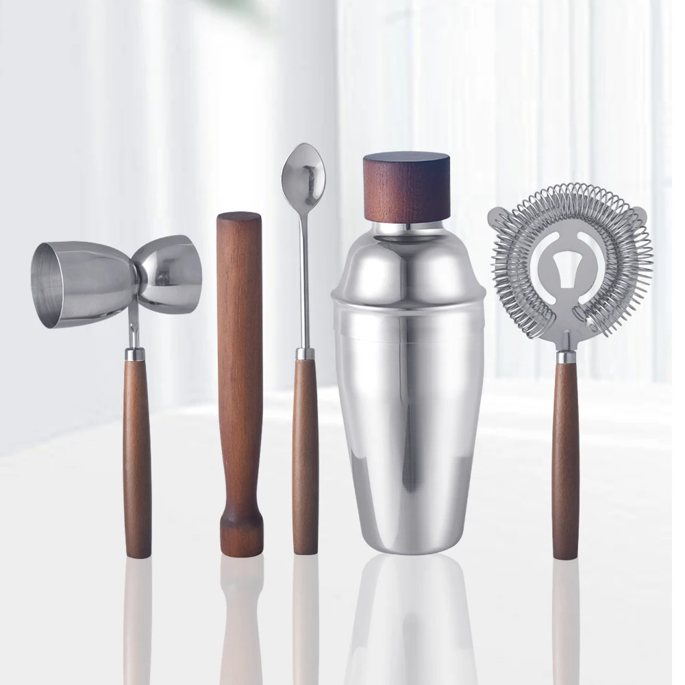 Creation Factory Direct Custom Logo Premium Luxury Wood Series Kit Bartender 550ML Stainless Steel Bar Tool Set Martini Shaker