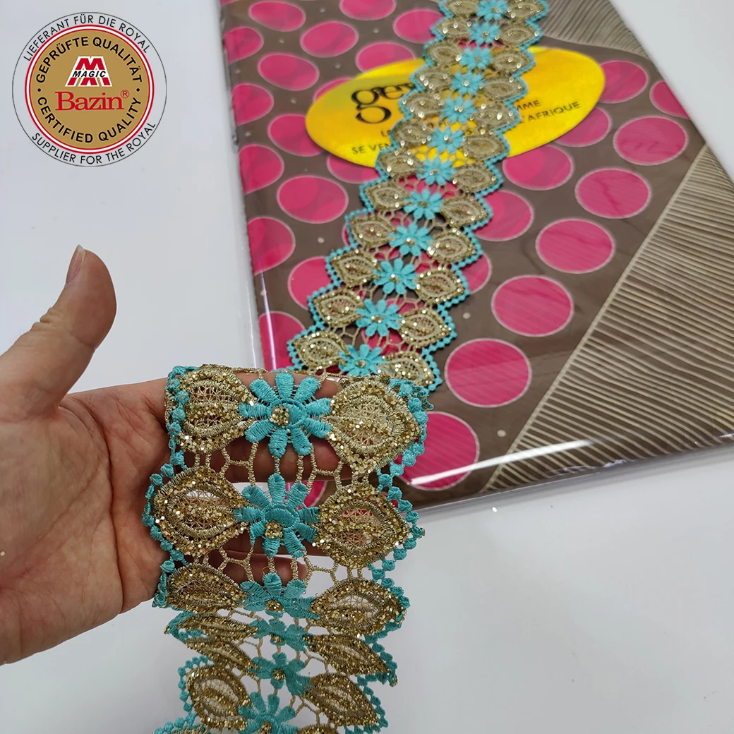 5+5 Yards Double Sides Printed Bazin Riche Fabric With Shiny Embroidery Ribbon For African Traditional Wedding Dresses Basin