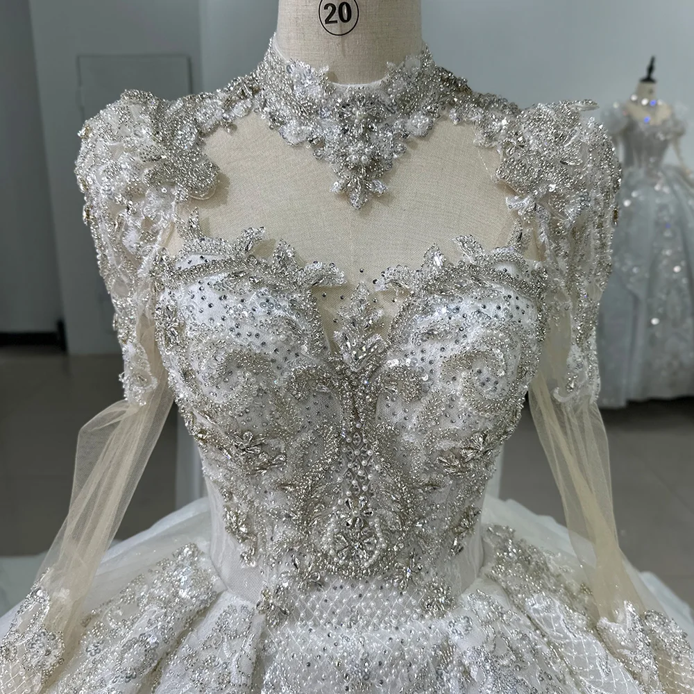 White Ball Gown Princess Wedding Dresses O Neck Long Sleeves Vestido De Novia Lace Sequined Xs060