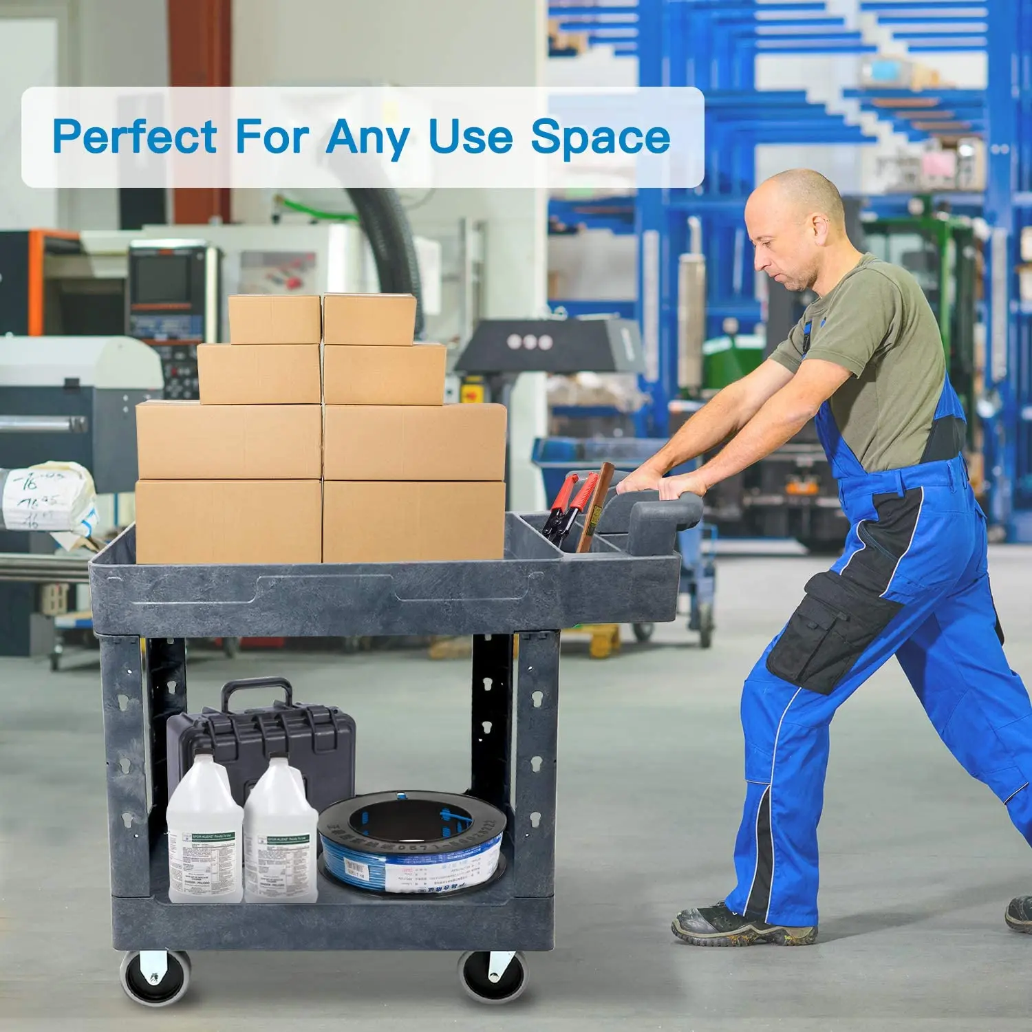 Eco-friendly Multifunctional Two Tray Handle 500lb Heavy Duty Plastic Utility Carts Service Trolley Rolling Tool Carts