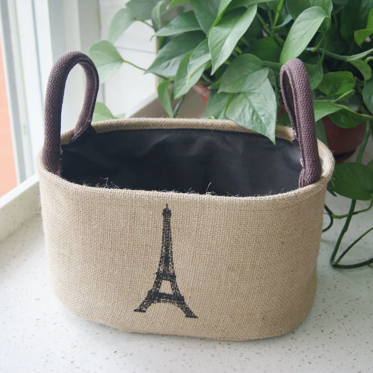 Factory direct sale rectangular and oval clothes toy storage box organizer fabric linen jute printed storage basket with carry h
