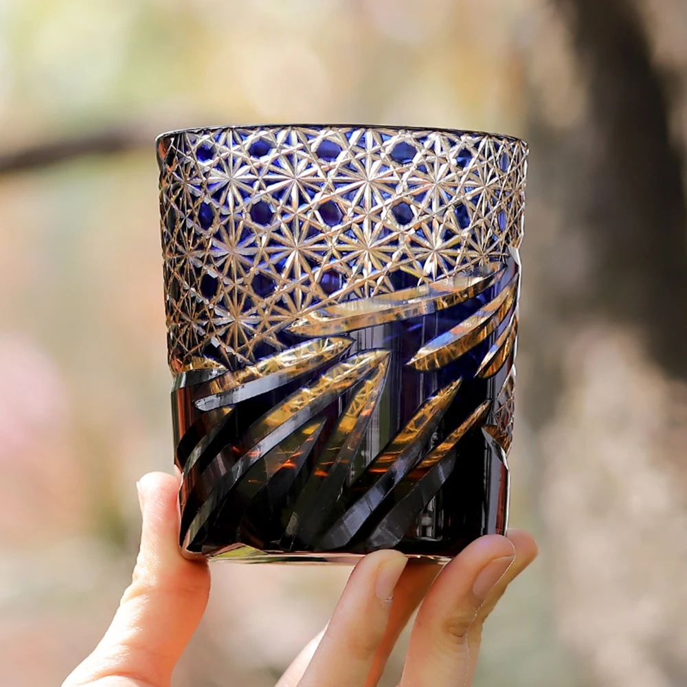 Blue Hot Selling 8oz Old Fashioned Hand Blown Glass Whiskey Tumbler Crystal Wine Glass for BeerDrinkingware