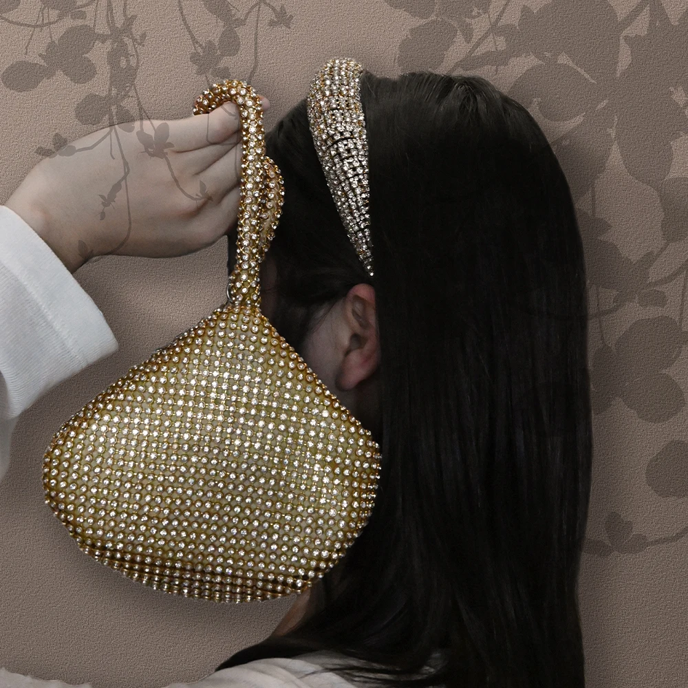 
2021 fashion evening handbags diamond bling bling matching headband and purse 