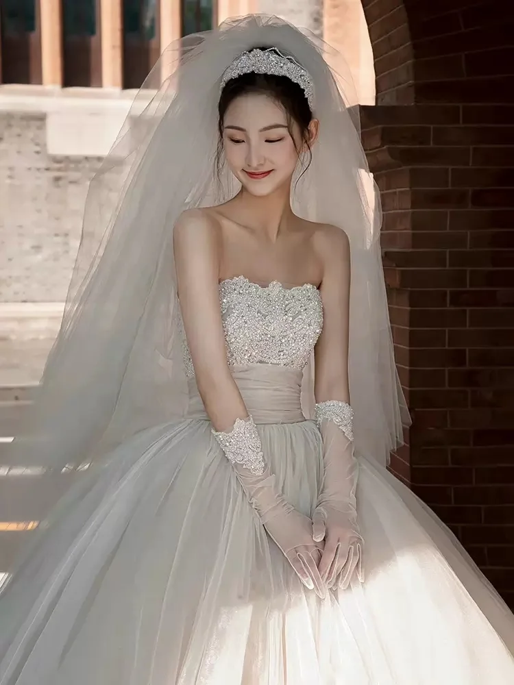 Luxury Tulle Wedding Dress New Applique Bridal Tube Top Temperament Trailing Dress Summer French Style Ball Gown