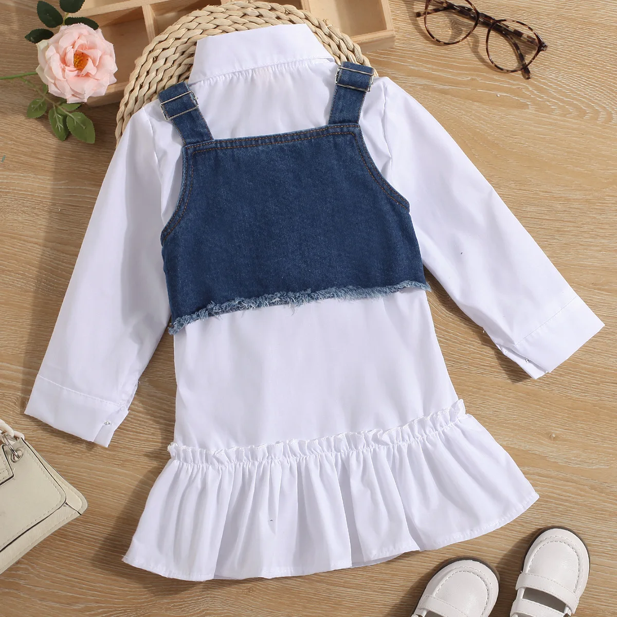 Top Leader White Blouse Dress + Denim Outfit Bandage Vest Two Piece Kids Suits for Girl 2022 Spring Children Set Girls Clothes