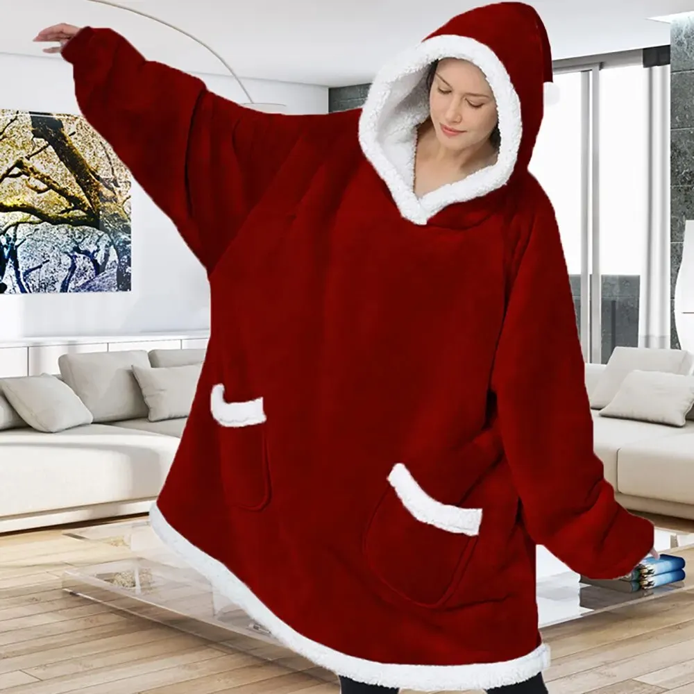 Winter Oversized Hoodie Blanket Fleece Sweatshirt Plaid Hoody Women Pocket Hooded Sweat Oversize