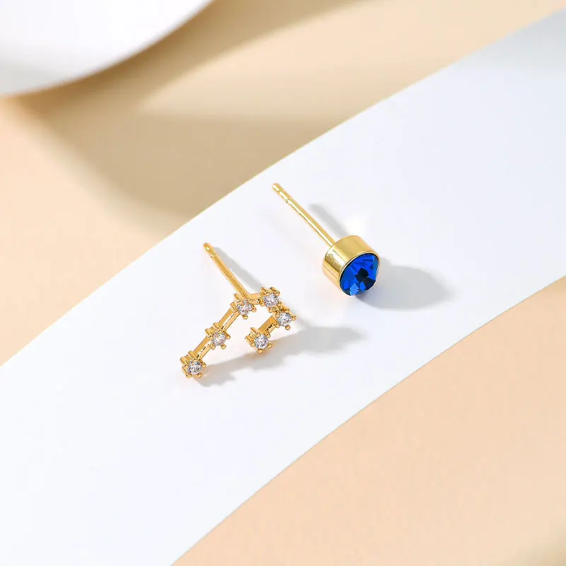 Asymmetrical Jewelry Gold Plated Zodiac Sign rainbow Birthstone CZ Fashion Statement Stud Earrings for Women Girls