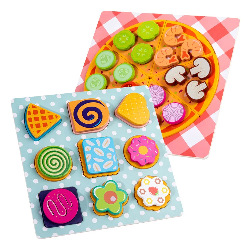 Montessori Education Pizza cookie bake Wooden Toy Set 3D Jigsaw Puzzle Pretend Kitchen Toys For Kids Toddler Boys and Girls