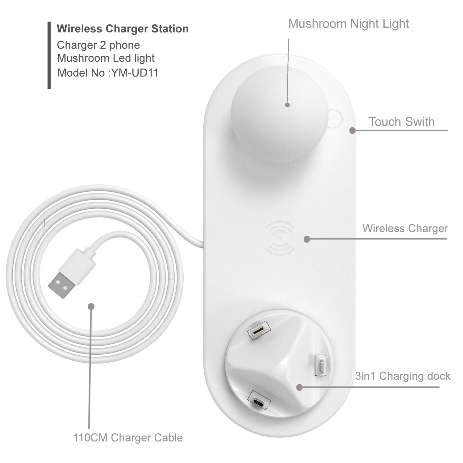  5 in 1 Wireless Fast Charger Mushroom Shape LED Night Lamp 3 Charge Dock for Universal