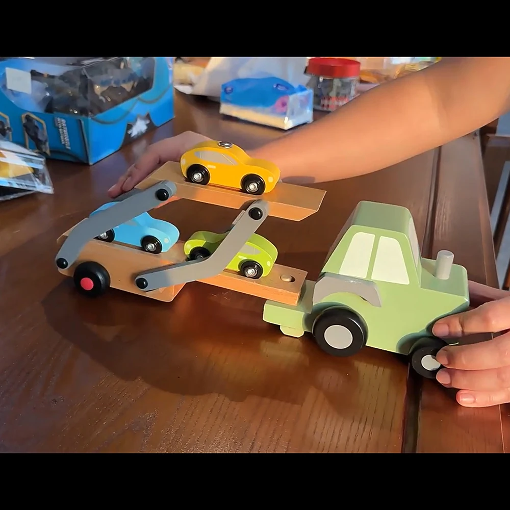 Car Carrier Truck and Wooden Toy Set With 1 Truck 3 Cars Wooden Vehicle Toys Push And Go Transport Trucks For Children Toddler
