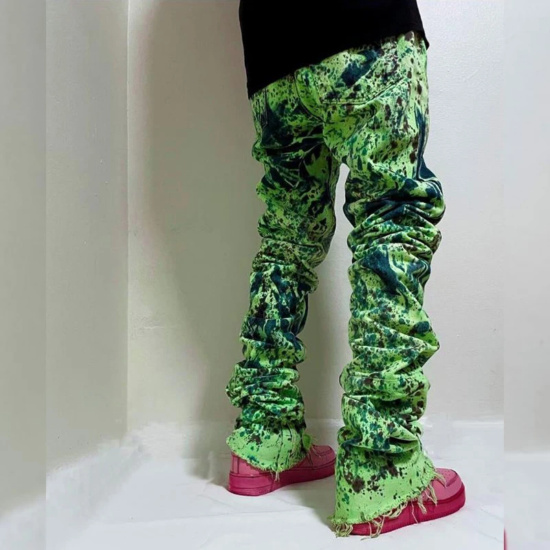DiZNEW tie-dye men custom stack tight jeans green jeans trousers for men