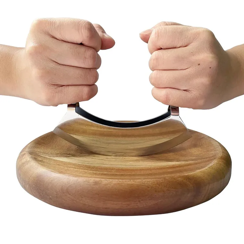 Modern Double Blade Chopping Knife Pizza Cutter Rocker Knife Mezzaluna Wood Cutting Board Knife and Round Cutting Board