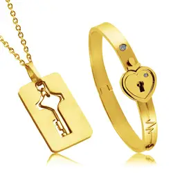 Love Lock Key Heart Bangles Stainless Steel Bangles with CZ Stones Inlaid