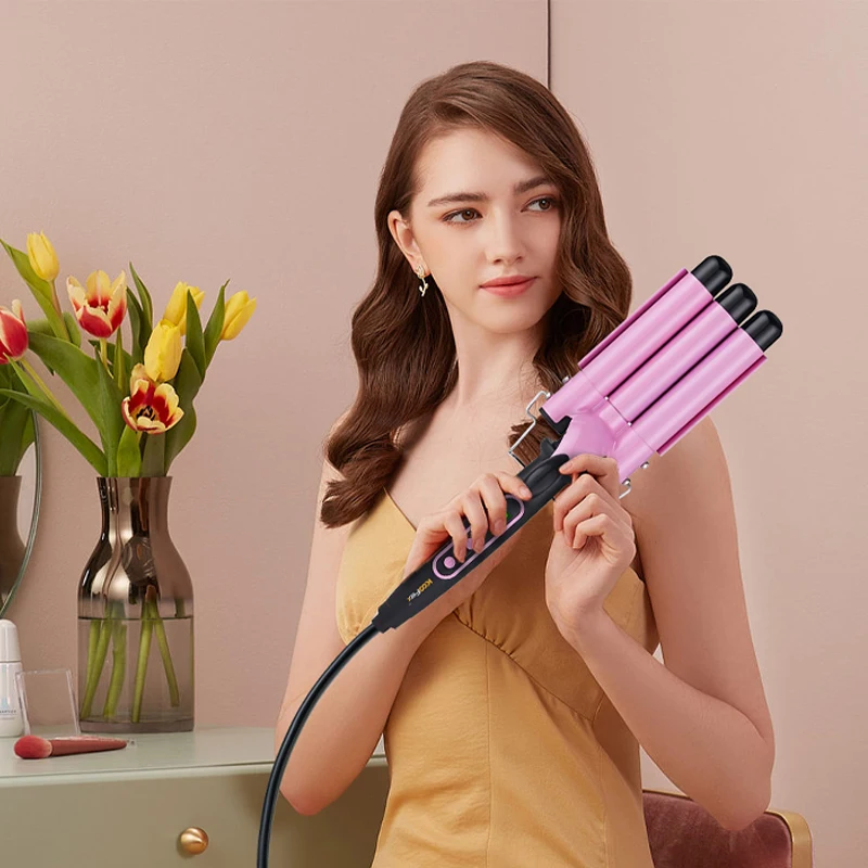 KooFex LCD Display Fast Heating Ceramic Hair Curler 450F Three Barrels Hair Curling Iron