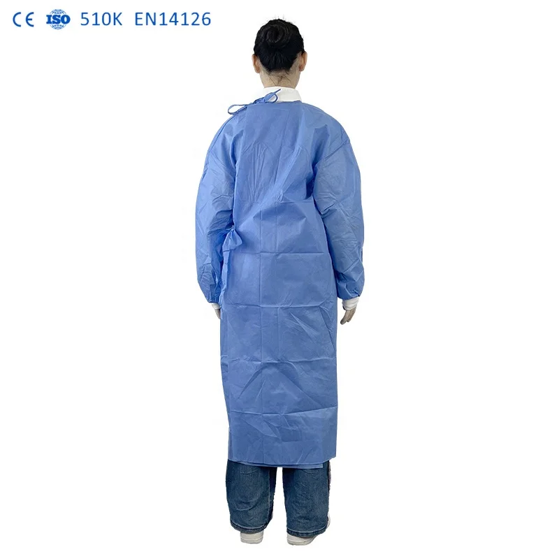 Factory price 510K Disposable blue gown 45g polyester fabric for cuff hospital AAMI LEVEL 2