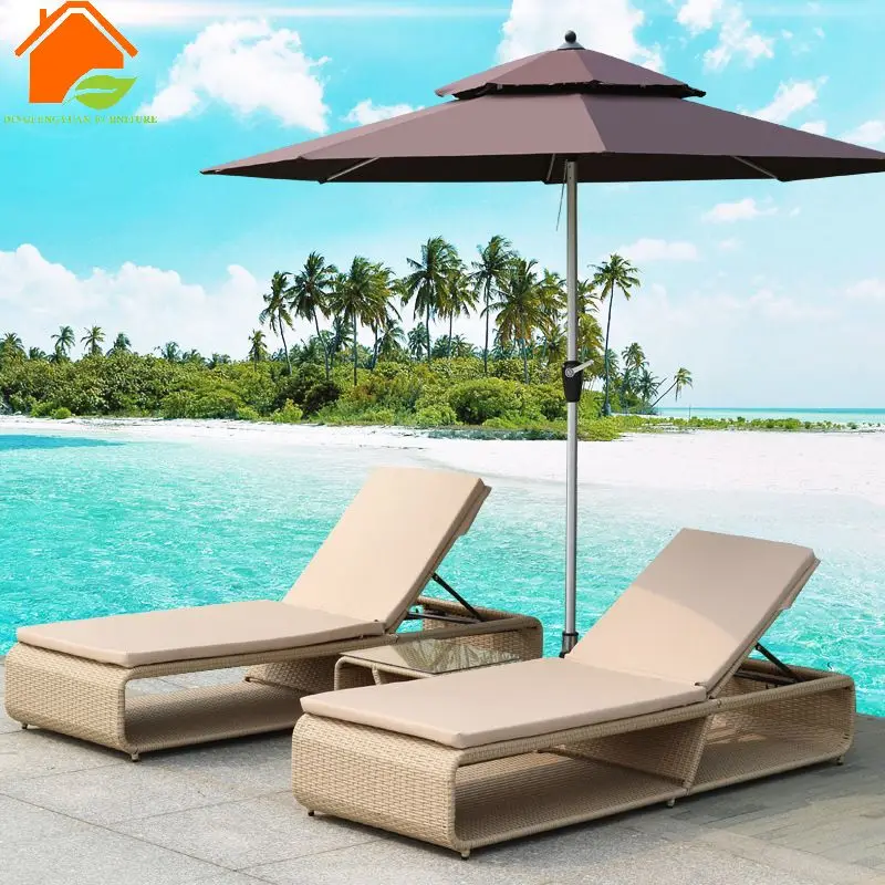Outdoor Synthetic Rattan Wicker Sun Loungers Chaise Lounge  With Beach  Umbrella And Table Set Swimming Pool Bed Furniture