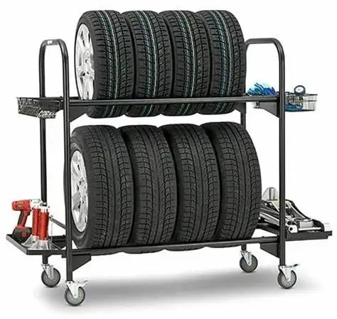 Floor free standing 2 tire display rack heavy duty steel garage tyre display racks hanging storage holders