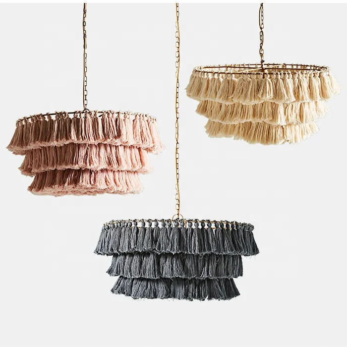 Modern D50cm 3 Tier Tassel Chandelier Fringe Pendant Lights Boho Macrame Lamp Shade Hanging Lamp Hand Weaving Rope Ceiling Light