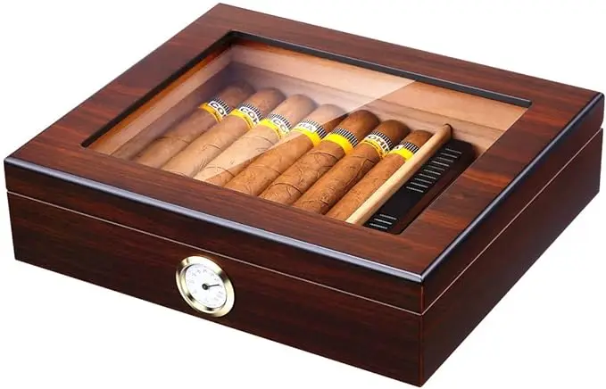 Handmade Cigar Humidor, Cedar Cigar Desktop Box with Humidifier and Hygrometer, Glass Top for 25 Cigars
