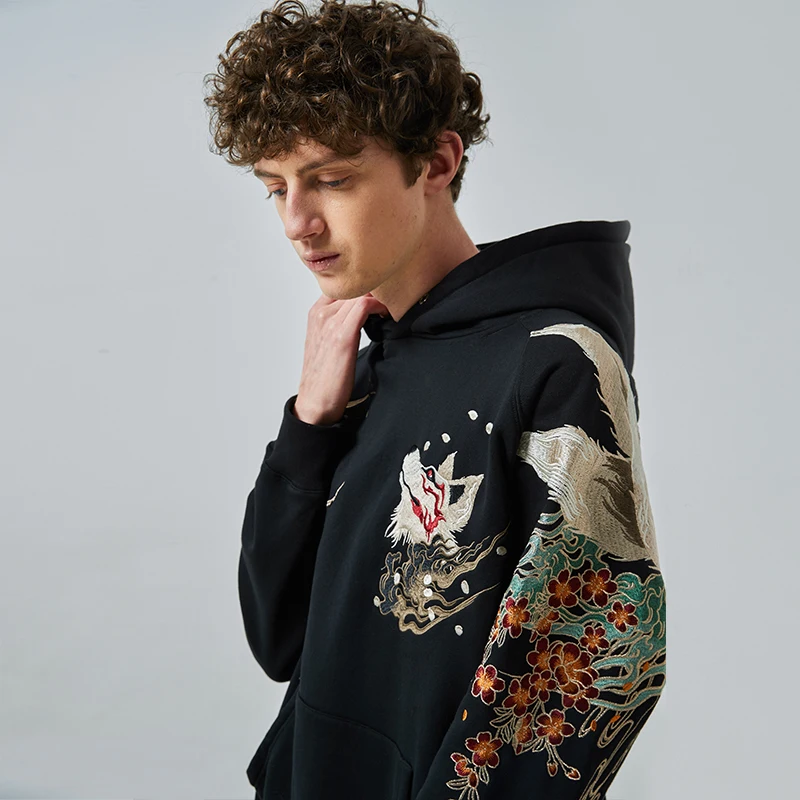 Japanese Style Yokosuka Ukiyo-e Embroidery Nine-tailed Fox Personality Plus Velvet Hooded