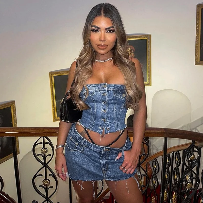 Europe and America summer fashion tops and skirts high street sexy womens jeans set
