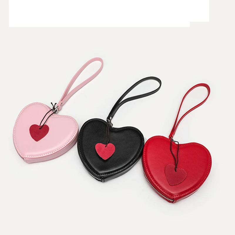 Hot Sale Vegan Smooth Leather Heart Shape Coin Purse Mini Cute Wallet With Wristlet Zipper Coin Purse for Lady