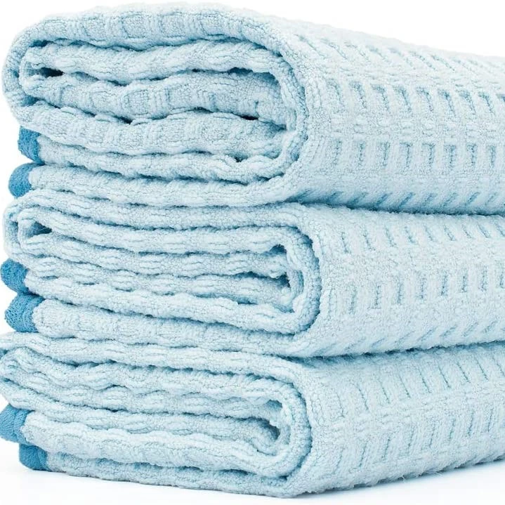 Hot selling 70/30 blend, microfiber Waffle weave, dry and delicate towel, soft suede edge light blue