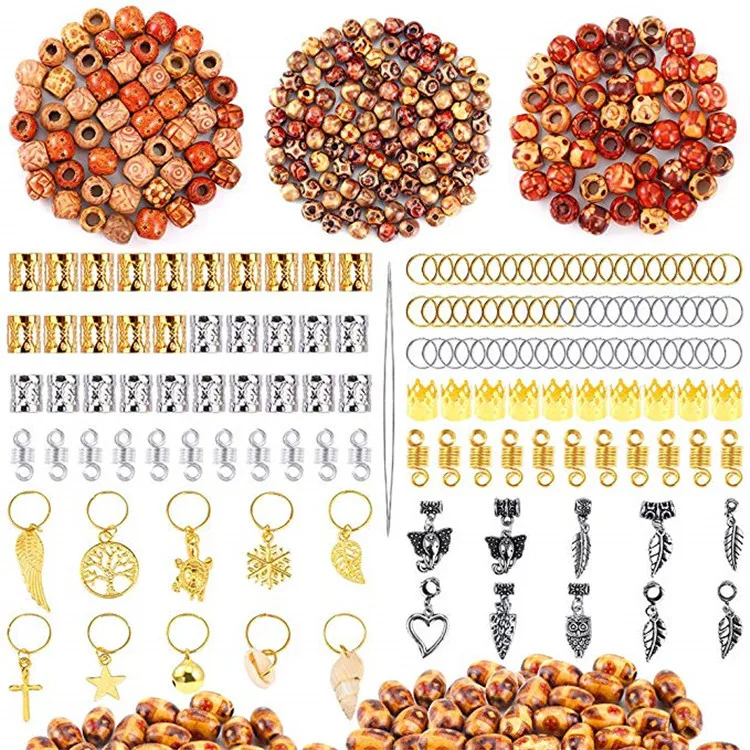Hair Ring Braid Dreadlocks Bead Hair Cuffs Kit Large Hole Printed Wooden Beads Tibetan Silver Pendant Hollow Flower Tube