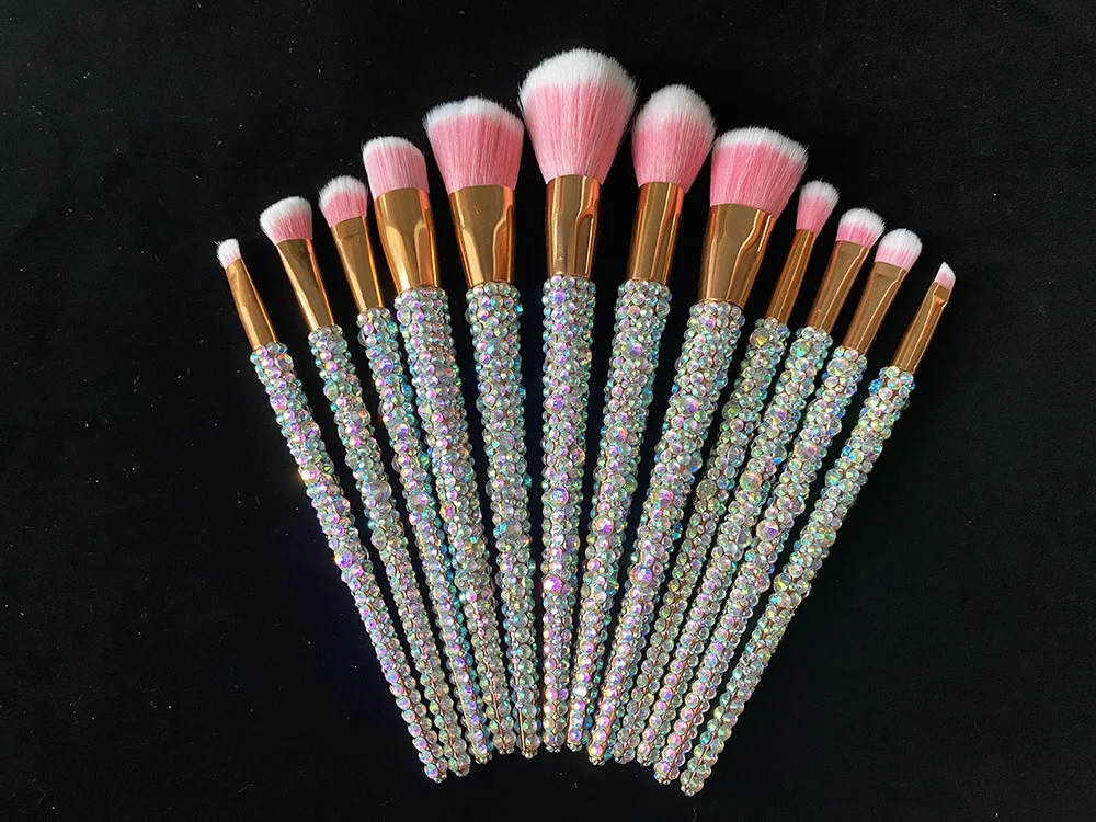 Handmade Soft Nylon Rhinestone Glitter Luxury Crystal Diamond BlingBling Powder Blusher Eyeshadow Brush Makeup Brush Set