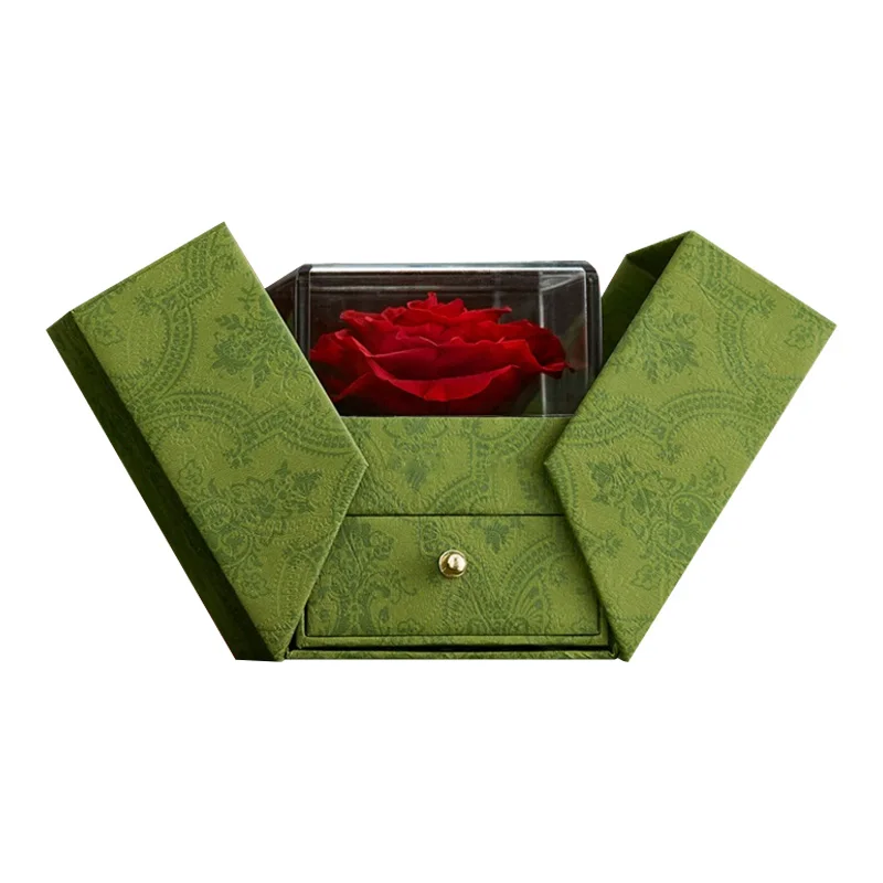 Custom two levels rose double door jewelry box for valentines set green i love you flower luxury gift box