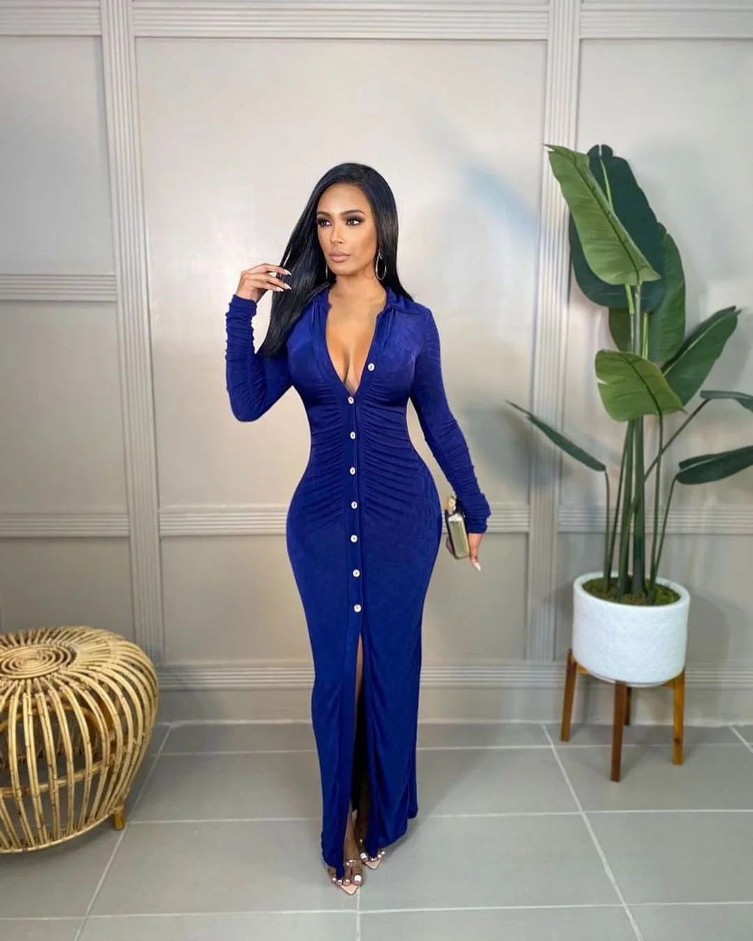 Spring Bodycon Single breasted long sleeve maxi evening velvet casual dresses