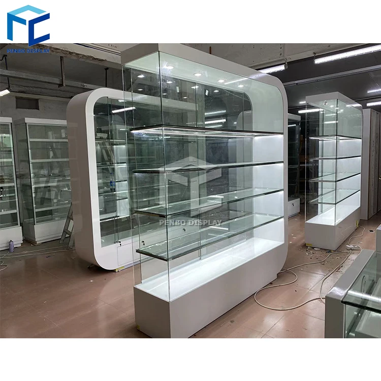 Retail Tempered Glass Display Cabinet Wall Unit Display Showcase With LED Light Smoke Shop Display Showcase