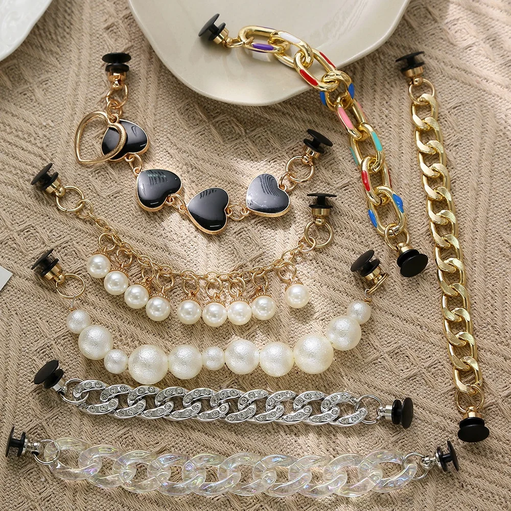 Hot sale luxury shoe chain rhinestone alloy  pearl gold sliver metal croc charms chains for crocs sandals