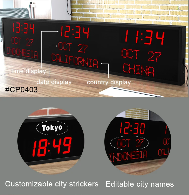 CHEETIE CP36 DIY Electronic Daylight Saving Digital LED World Time Zone Clock for Office Hotel Wall