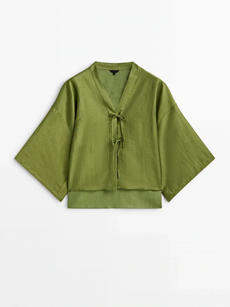 TongRui Wholesale Women Summer Blouse Bow Embellished Linen Kimono Style Blouse Wide Sleeves V-neck Linen Blouse