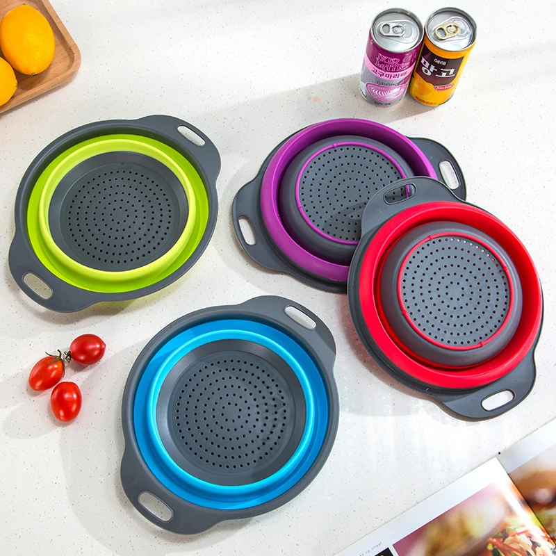 Hot sale 2 size kitchen strainer foldable wash colander round silicone vegetable drain basket