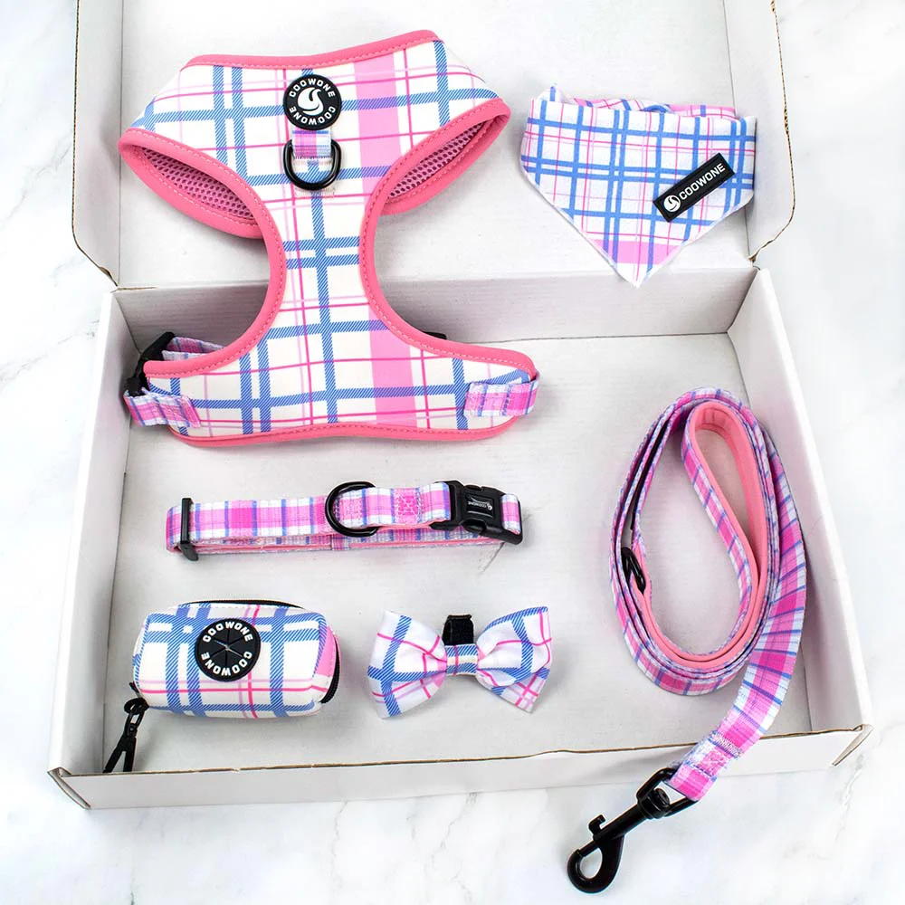 Ready to Ship Dog Harness Manufacture Soft Mesh Padded Dog Harness Bandana Bowknot Poop Bag Collar And Leash Set
