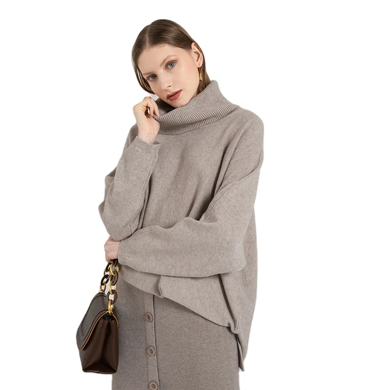 Модный вязаный комплект водолазки, Свободный пуловер на пуговицах с длинным рукавом, Женский вязаный свитер для девочек