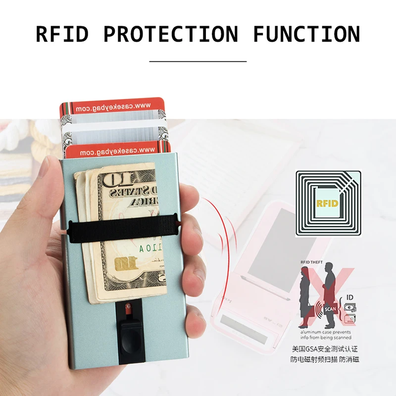 Dropshipping Slim Automatic Stainless Steel Credit Card Box Wallet Tarjetero De Aluminio RFID Secure Pop Up Aluminum Card Holder