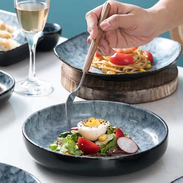 Wholesale customized blue nordic stoneware sets ceramic plates stoneware set reactive glaze plate set