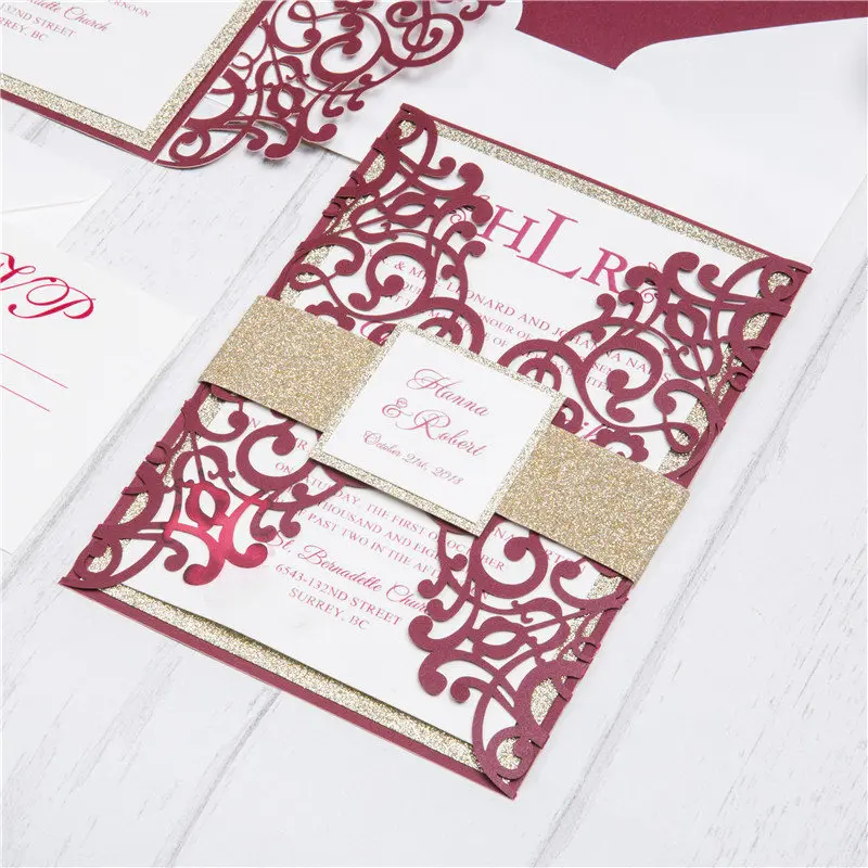 Wholesale Cheap Unique DIY Navy Laser Die Cut Wedding Invitation with Satin and custom laser invitation cards