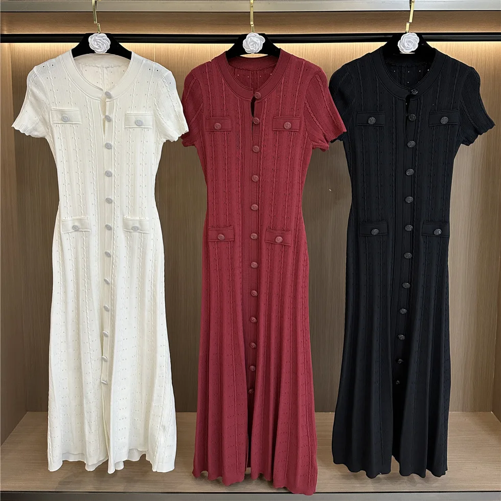 GX-Newest Autumn Fall Women Knit Short Sleeve Single-breasted O-neckline Ladies Fitted and Flared Fashion Long Solid Dresses