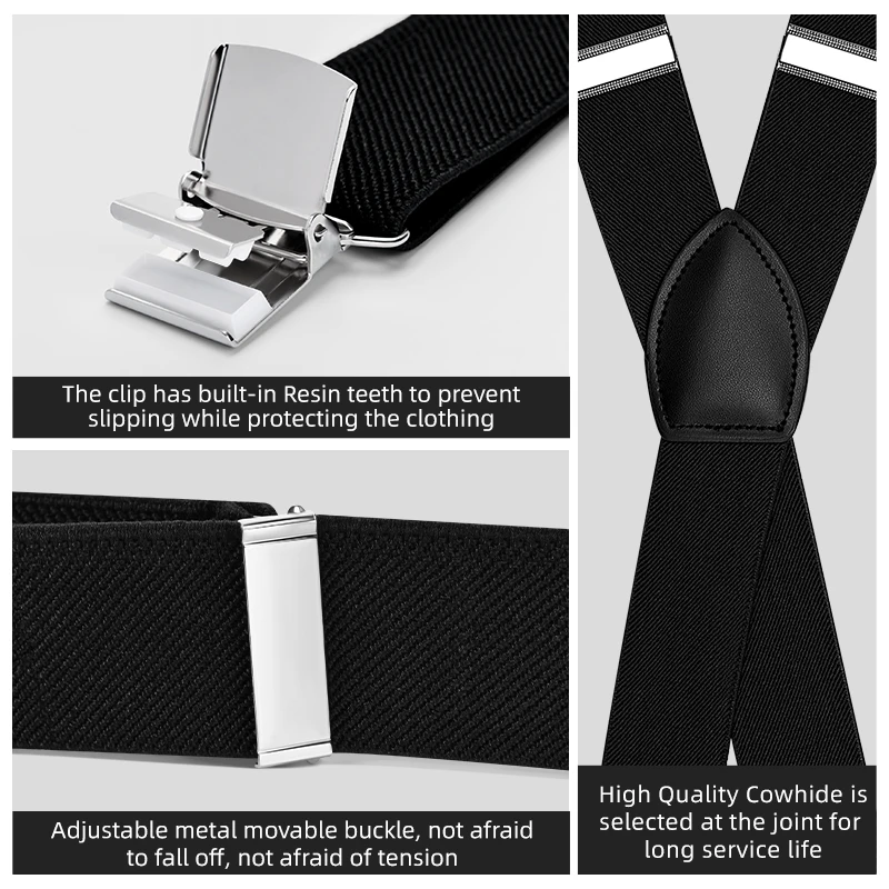 Black Color X Shape Fashion Design Adjustable Metal 4 Clips Elastic Band Straps Suspenders for Men