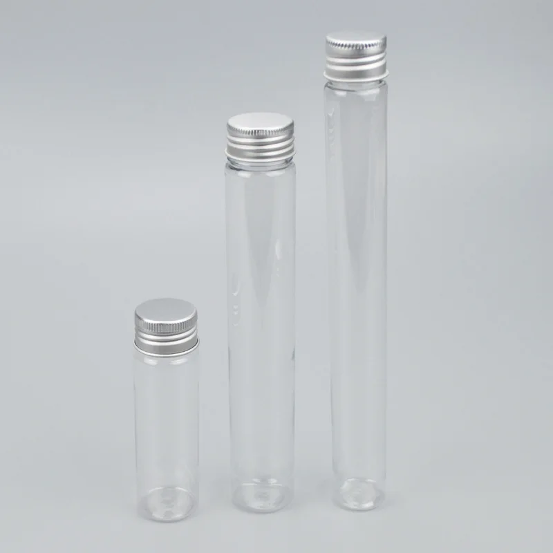 In Stock 50ml Candy Flat Bottom Clear Plastic Test Tube with Aluminum Lid