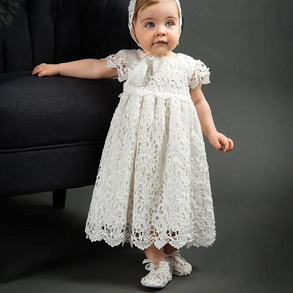 Baby Infant Girl Baptism Dress Flower Newborn Gown White Lace Christening Dress