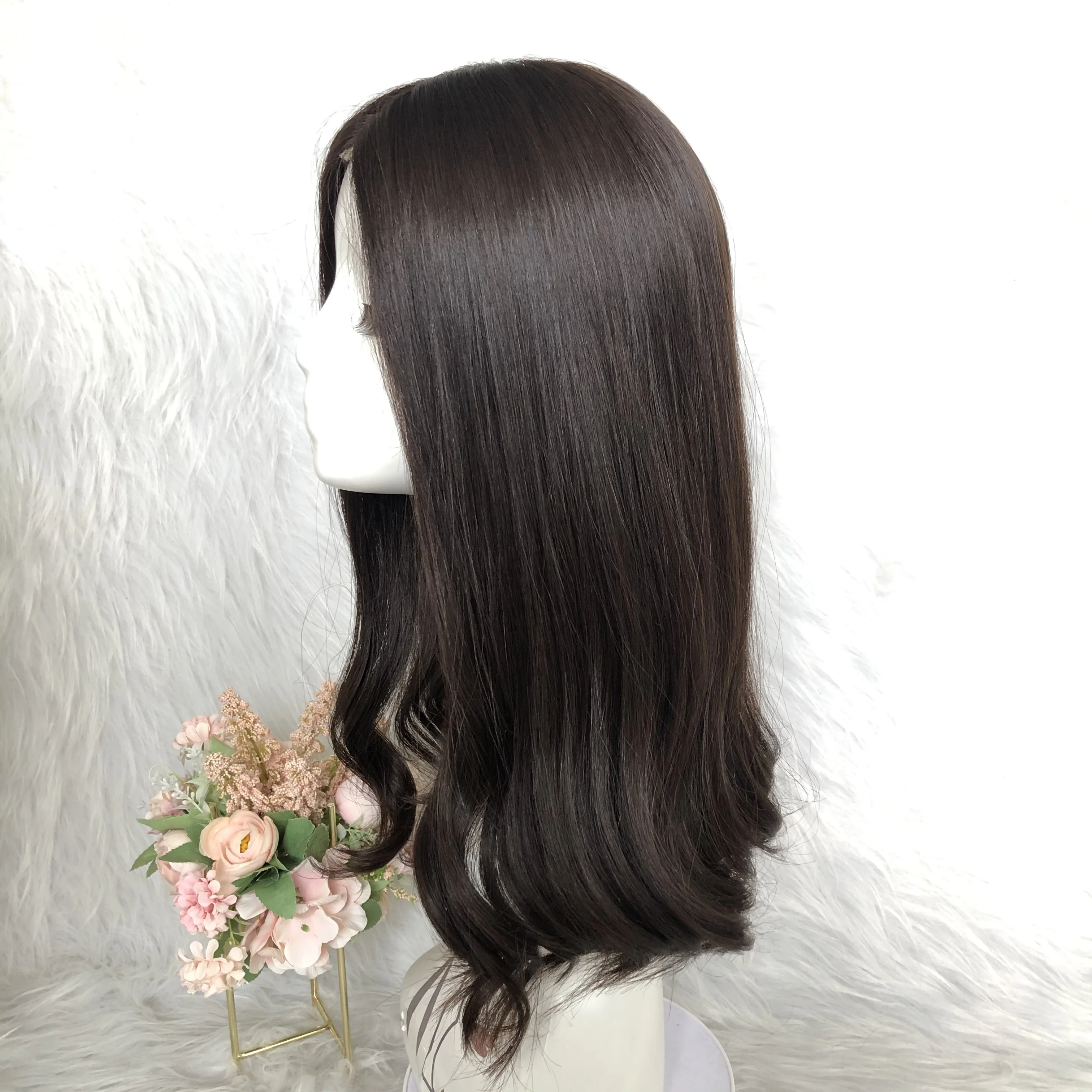 
Wholesale Top Grade 20 Inches Natural 4# Color European Hair Kosher Wigs With Deep Swiss Lace Ear To Ear 