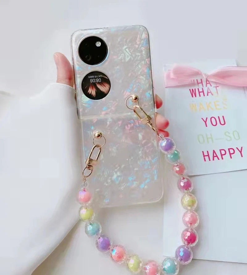 Glitter Pearly-Lustre Translucent Shell Pattern Mobile Phone Case With Wrist Chain for Huawei P50 Pocket Case