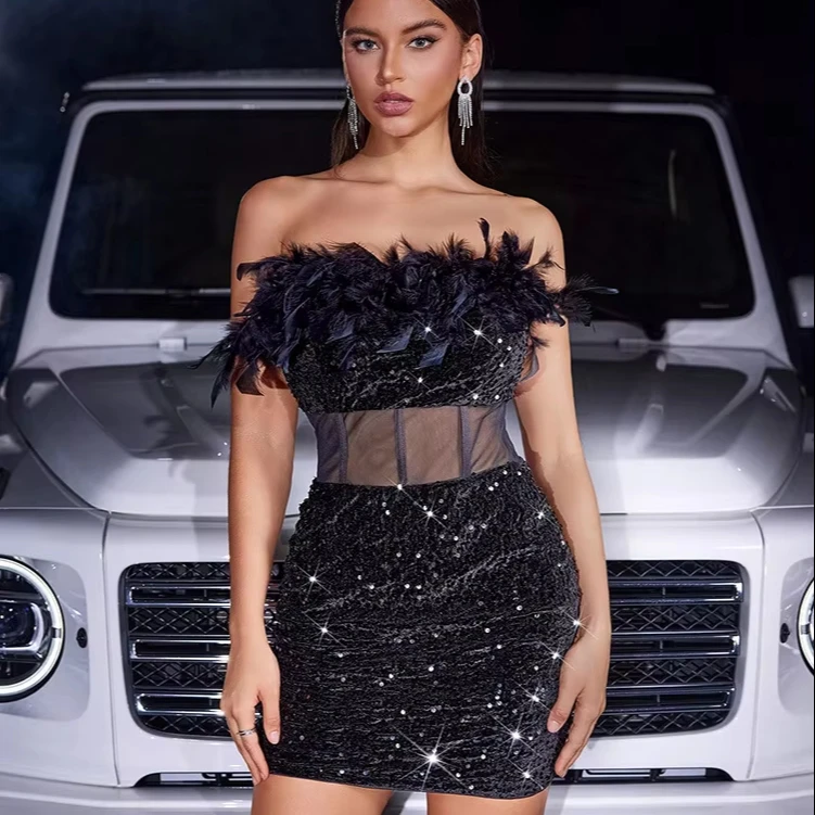Sexy Slim Fit Wrap Hip Tight Elastic Feather Bead Bra Women Black Mini Evening Nice Dresses For Ladies