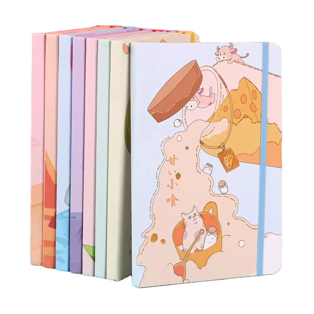 A5 Hardcover Notepad with elastic band Colorful Edge Cute Cartoon 80 sheets lined page Diary Notebook Scrapbook