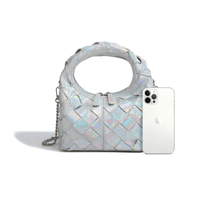 Fashion Medium Knit Style Cassette Weave PU Leather Tote Handbags High Quality Chain Sling Shoulder Hand Bags For Women